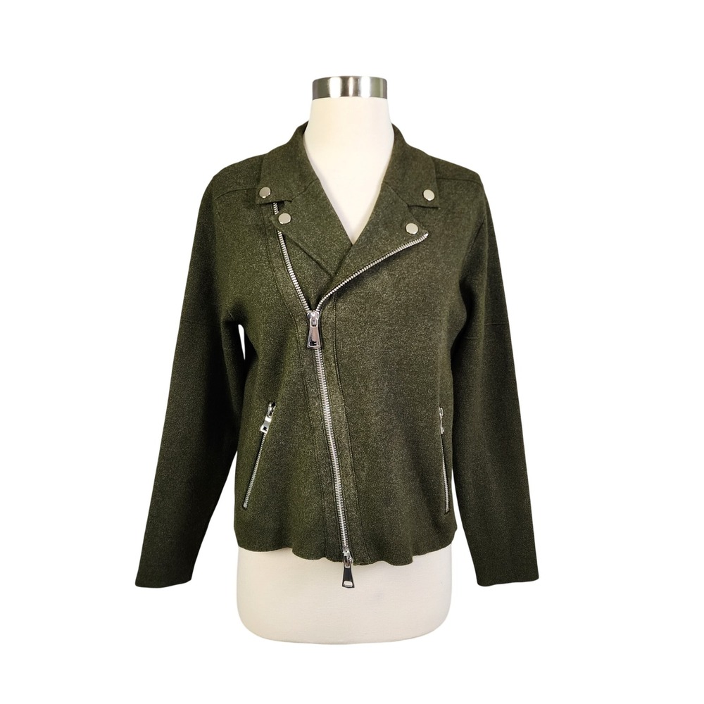 Sioni Womens‎ Knit Moto Jacket Size Small Olive Green Silver Asymmetrical Zip